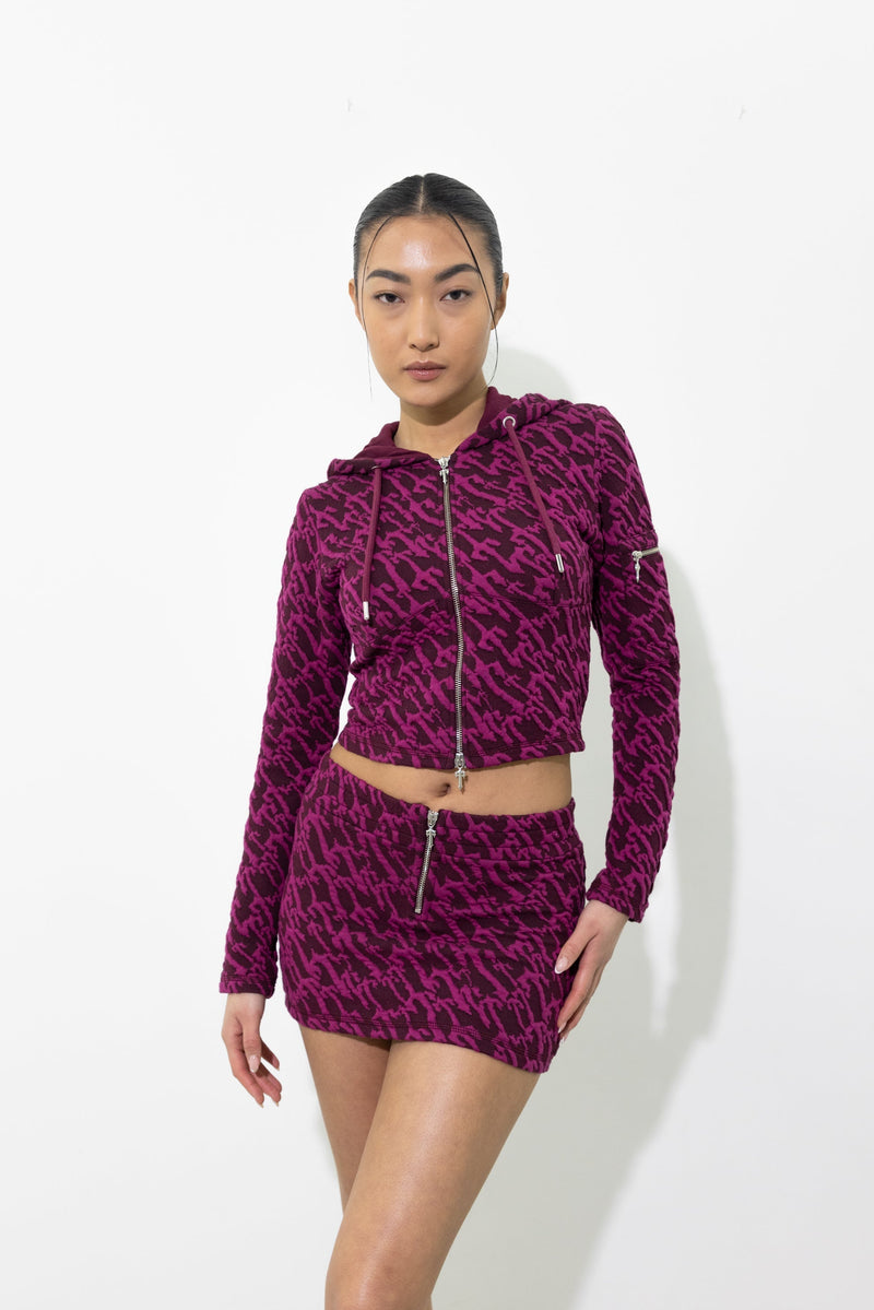 Women's Jacquard Fitted Zip Hoodie - Burgundy Pink