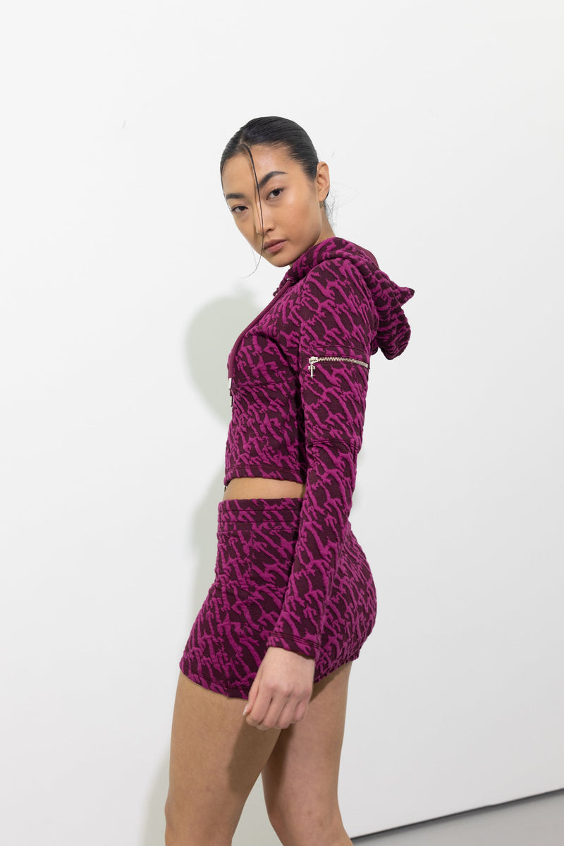 Women's Jacquard Fitted Zip Hoodie - Burgundy Pink