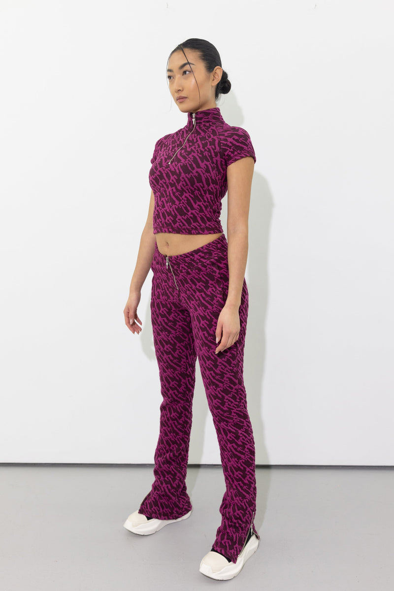 Women's Jacquard Fitted Zip Crop Top - Burgundy Pink