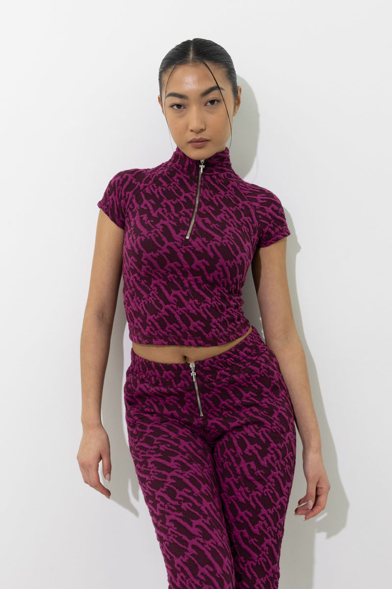 Women's Jacquard Fitted Zip Crop Top - Burgundy Pink