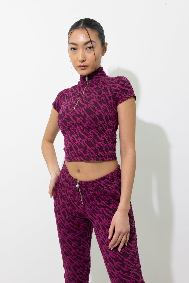 Women's Jacquard Fitted Zip Crop Top - Burgundy Pink