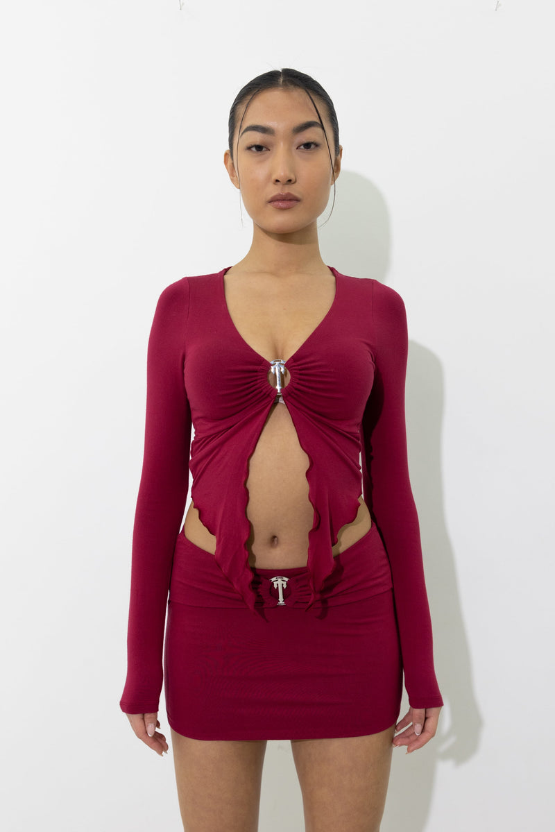 Women's Long Sleeve Wing Hem Bralette - Red