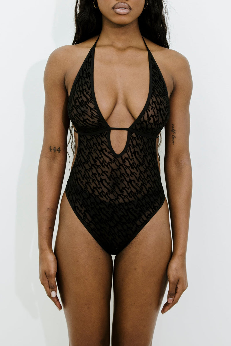 Women’s Jacquard Mesh Halterneck Bodysuit - Black