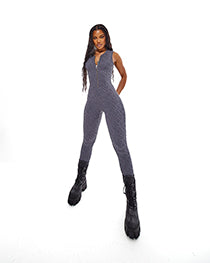 Women's Jacquard Zip Front Catsuit - Grey