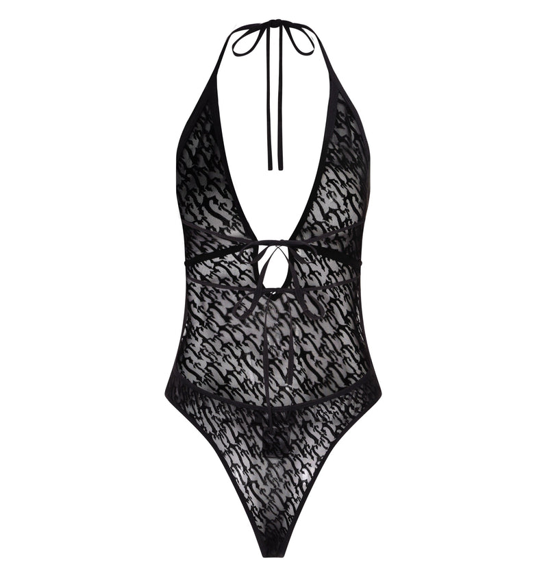 Women’s Jacquard Mesh Halterneck Bodysuit - Black