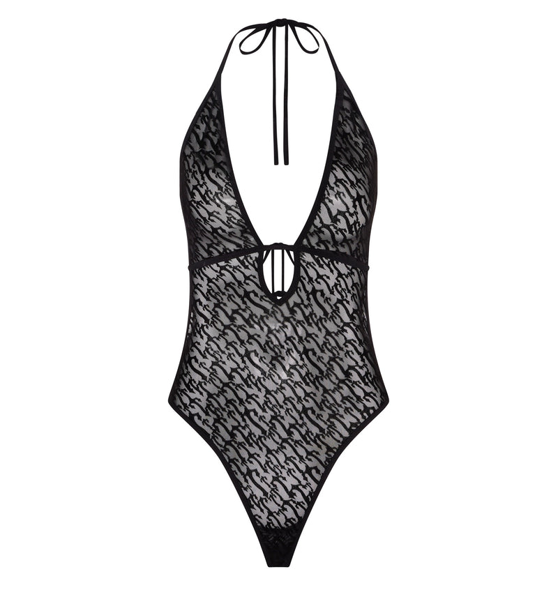 Women’s Jacquard Mesh Halterneck Bodysuit - Black